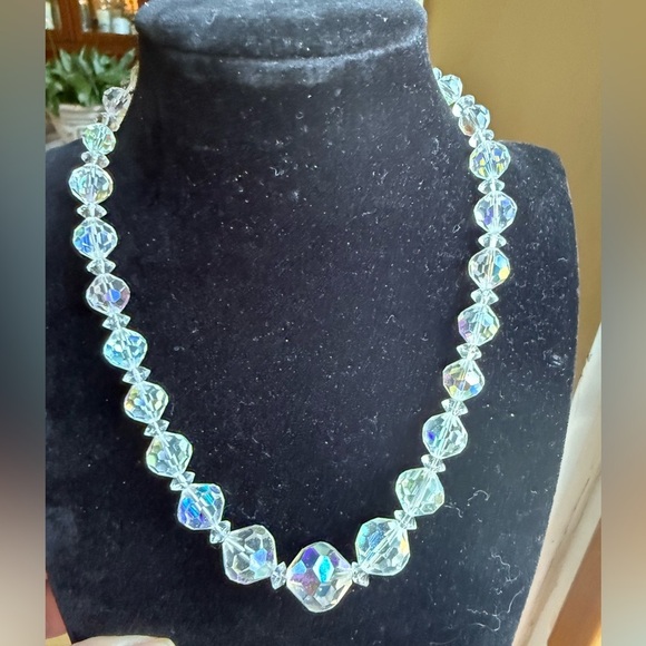 Vintage Aurora Borealis Crystal Necklace 15” + 2” Extender